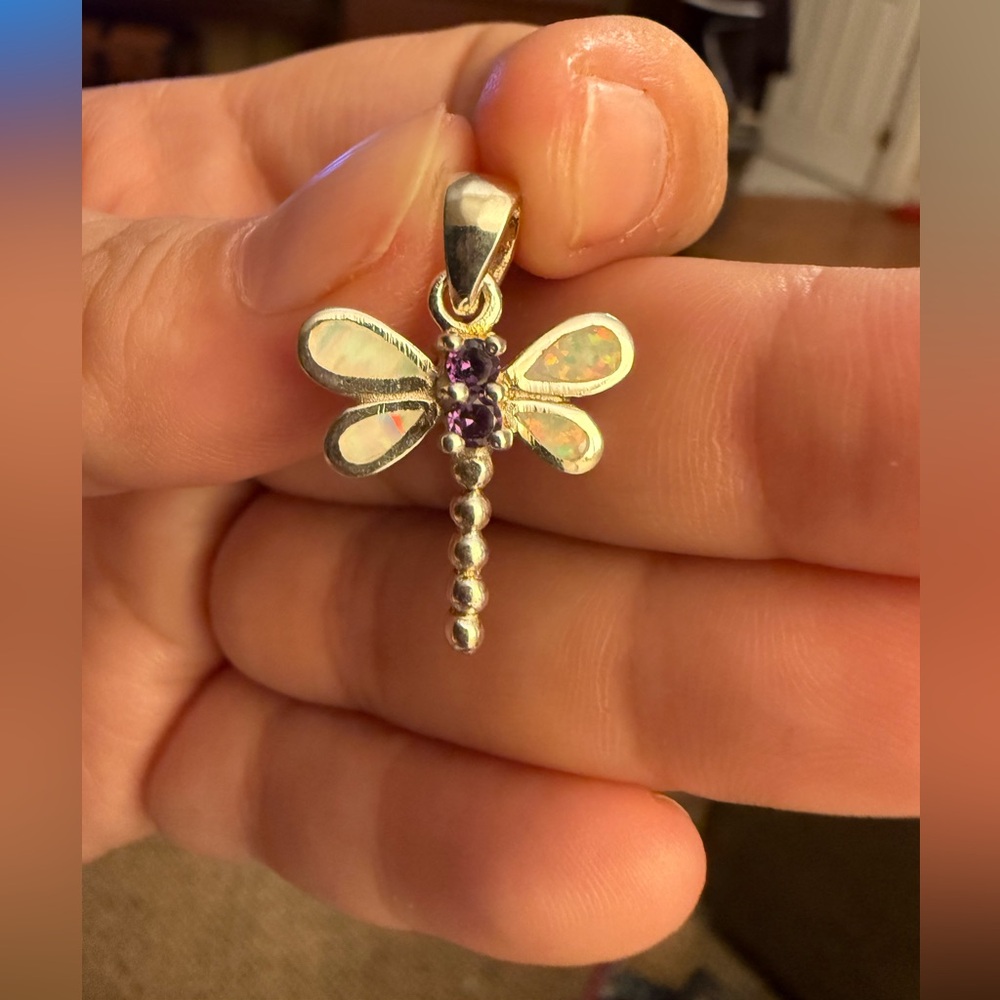 Sterling Silver Dragonfly Pendant with Opal Inlay and amethyst Gemstones